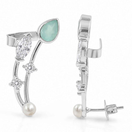 Aquamarine & Pearl Quartz Vine Ear Climber Earrings – 18K Gold & Silver Plated