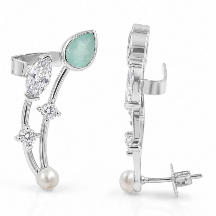 Aquamarine & Pearl Quartz Vine Ear Climber Earrings – 18K Gold & Silver Plated