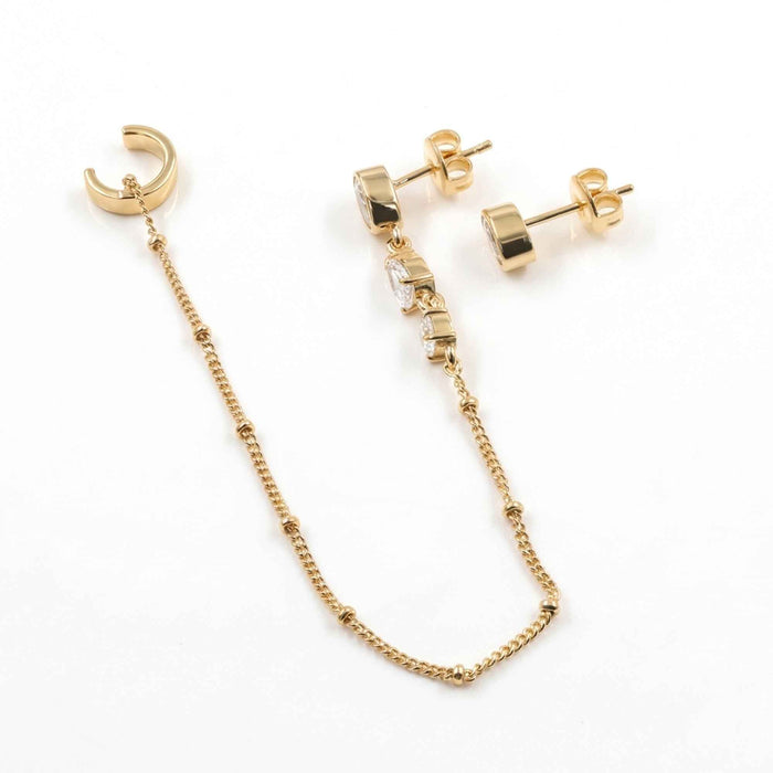 Swarovski Crystal Ear Cuff Chain Stud Earring Set – 1 Micron 18K Gold & Silver Plated