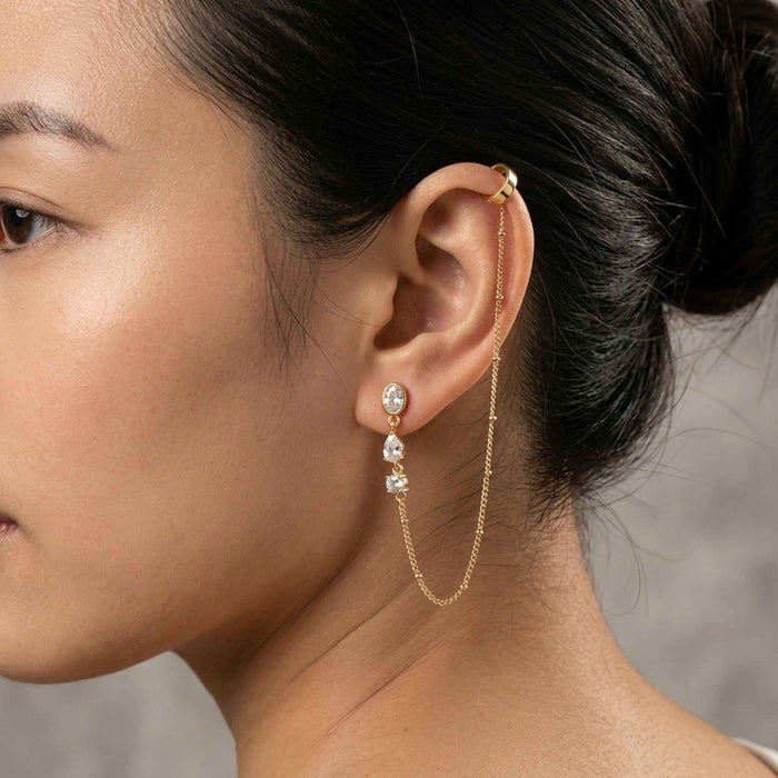 Swarovski Crystal Ear Cuff Chain Stud Earring Set – 1 Micron 18K Gold & Silver Plated