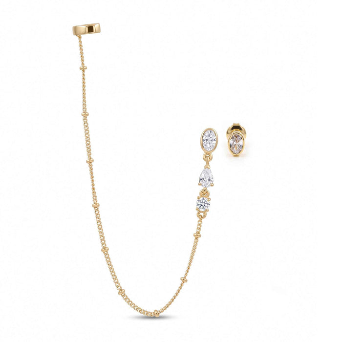 Swarovski Crystal Ear Cuff Chain Stud Earring Set – 1 Micron 18K Gold & Silver Plated