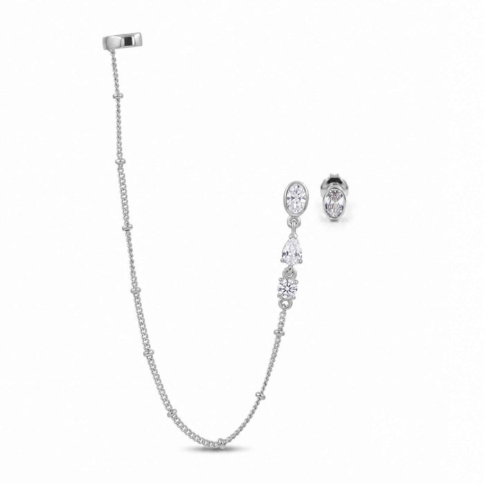 Swarovski Crystal Ear Cuff Chain Stud Earring Set – 1 Micron 18K Gold & Silver Plated
