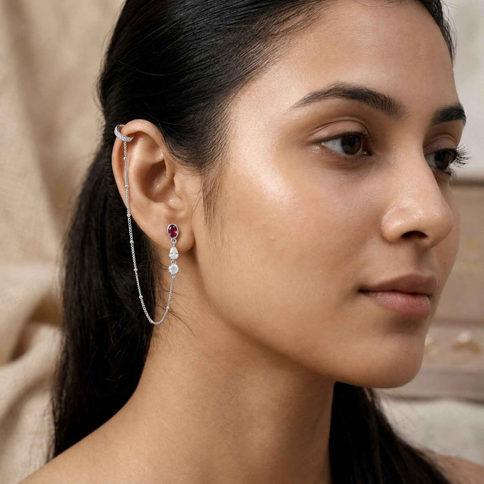 Pink Quartz Ear Cuff Chain Drop Earring Set – 1 Micron 18K Gold & Silver Plated