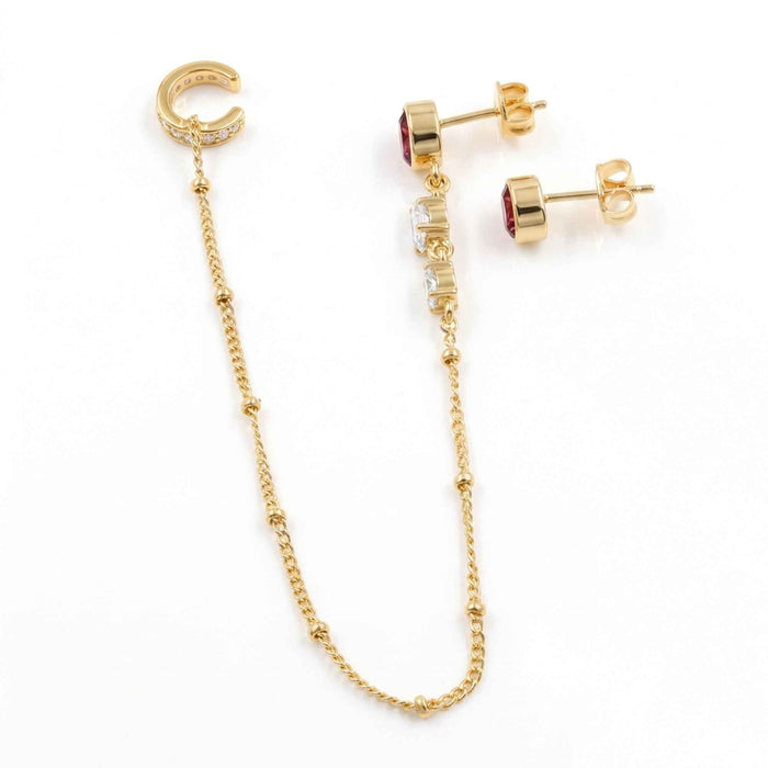 Pink Quartz Ear Cuff Chain Drop Earring Set – 1 Micron 18K Gold & Silver Plated