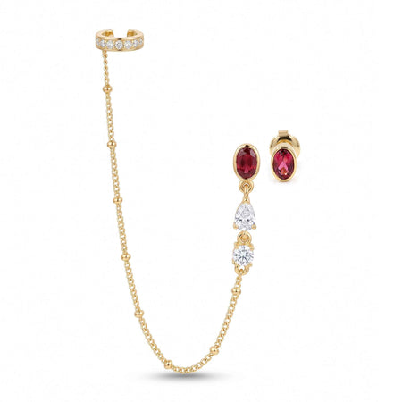 Pink Quartz Ear Cuff Chain Drop Earring Set – 1 Micron 18K Gold & Silver Plated