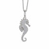 A silver seahorse pendant necklace paved with small clear stones, hanging from a silver box chain against a plain white background.