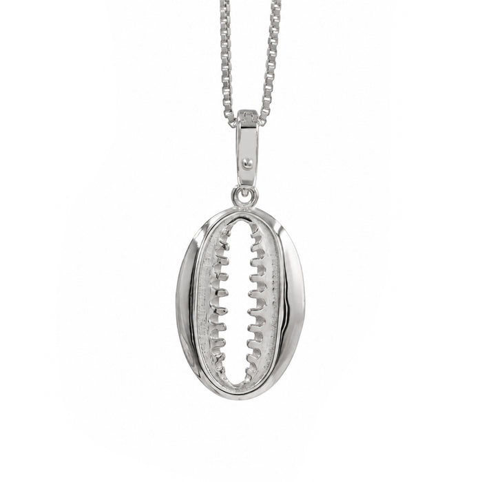 A gold pendant necklace featuring a bohemian shell design, suspended from a delicate gold box chain against a plain white background.