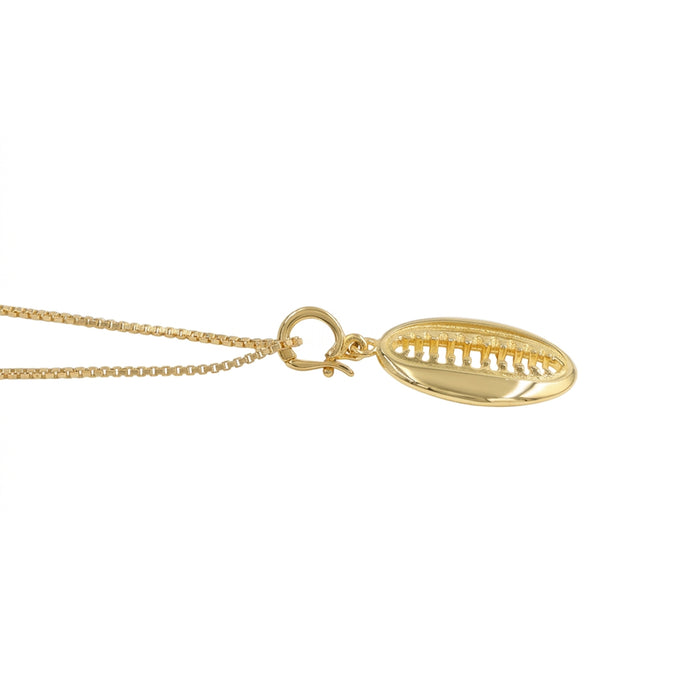 A gold pendant necklace featuring a bohemian shell design, suspended from a delicate gold box chain against a plain white background.