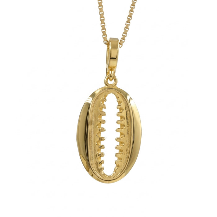 A gold pendant necklace featuring a bohemian shell design, suspended from a delicate gold box chain against a plain white background.