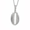 A silver pendant necklace featuring a bohemian shell design, suspended from a delicate gold box chain against a plain white background.