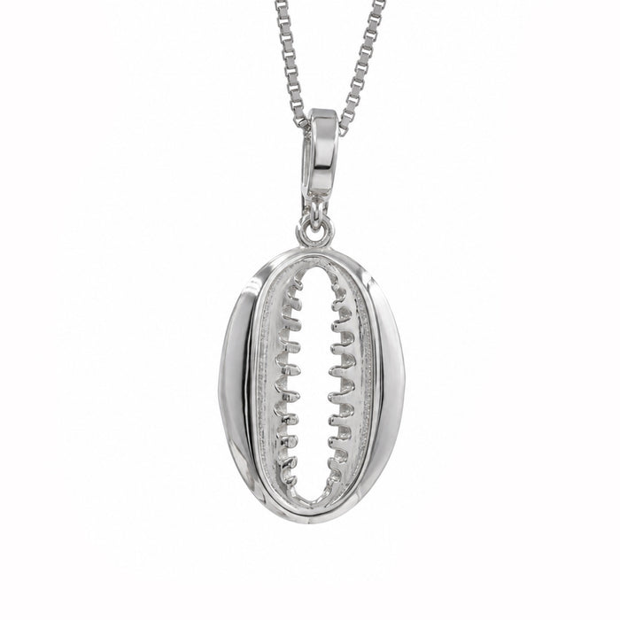 A silver pendant necklace featuring a bohemian shell design, suspended from a delicate gold box chain against a plain white background.