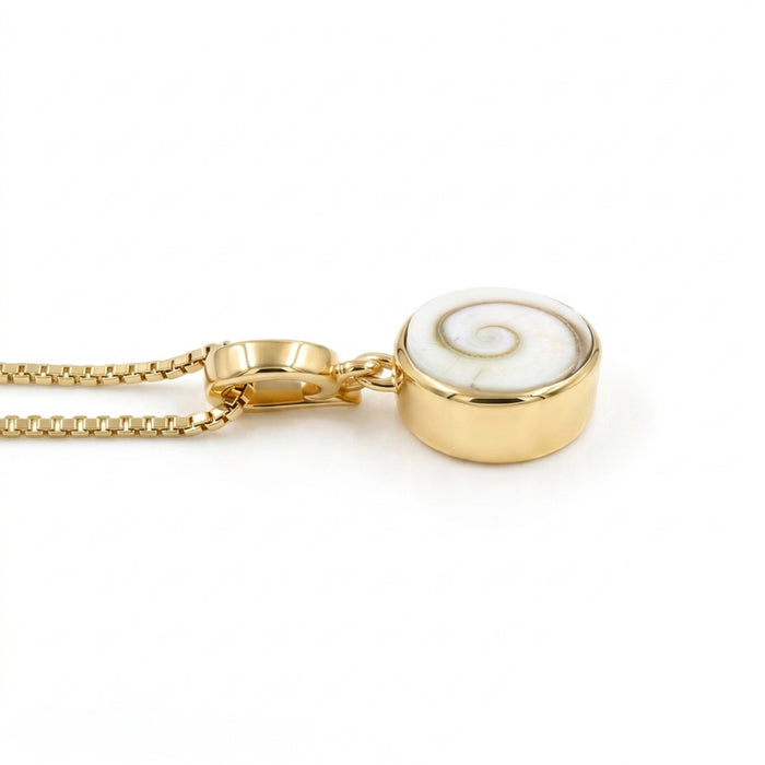 Natural Shiva Eye round pendant necklace in 1 micron 18K gold plated finish, displayed on white background.