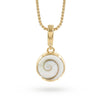 A gold necklace with a round bezel pendant featuring a Shiva Eye shell inlay, suspended from a gold box chain against a white background.