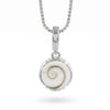 A silver pendant necklace featuring a round bezel-set shell piece with a white and brown Shiva Eye Stone spiral pattern, suspended from a silver box chain against a white background.