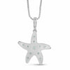 A silver starfish pendant necklace adorned with light blue-green  Amazonite stone, suspended from a silver box chain against a white background, shown from backside.