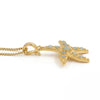 A gold starfish pendant necklace adorned with light blue-green  Amazonite stone, suspended from a gold box chain against a white background.