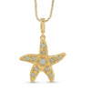 A gold starfish pendant necklace adorned with light blue-green  Amazonite stone, suspended from a gold box chain against a white background.