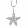 A silver starfish pendant necklace adorned with light blue-green  Amazonite stone, suspended from a silver box chain against a white background.