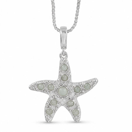 A silver starfish pendant necklace adorned with light blue-green  Amazonite stone, suspended from a silver box chain against a white background.