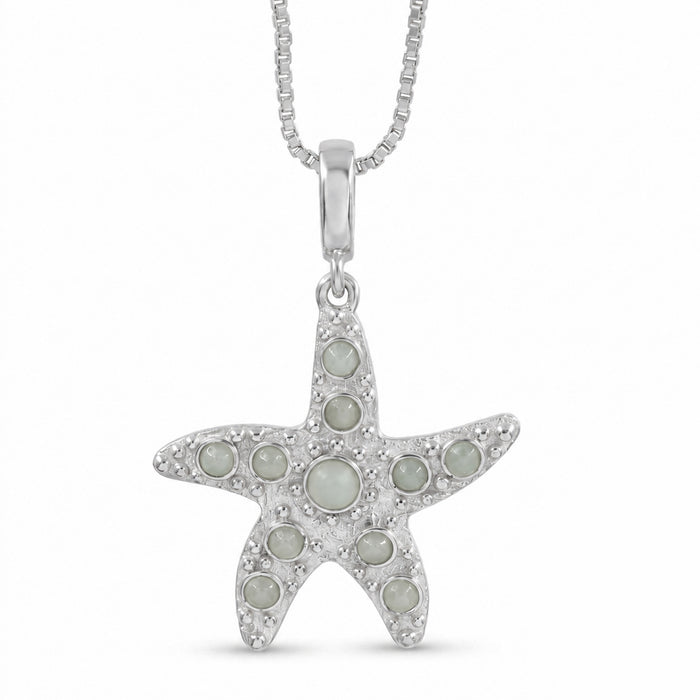 A silver starfish pendant necklace adorned with light blue-green  Amazonite stone, suspended from a silver box chain against a white background.