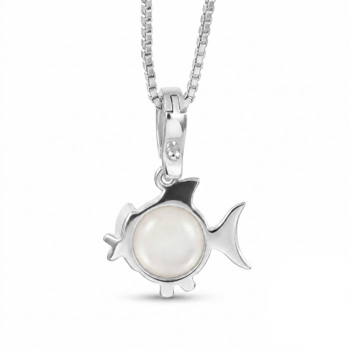 A silver fish-shaped pendant necklace featuring a smooth, round white pearl in the center, suspended from a silver box chain against a plain white background.