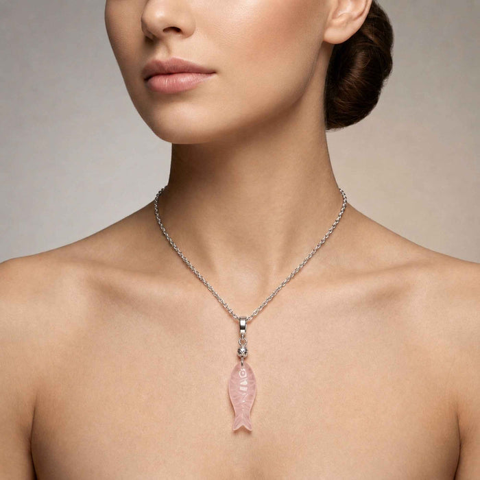 Rose Quartz Fish Charm Pendant Necklace – 1 Micron 18K Gold & Silver Plated