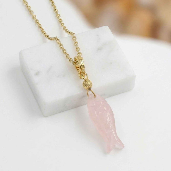 Rose Quartz Fish Charm Pendant Necklace – 1 Micron 18K Gold & Silver Plated