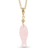 A gold chain necklace featuring a polished pink rose quartz fish pendant with a textured gold bead accent and gold bail, shown against a plain white background.