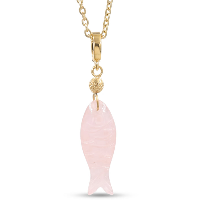 A gold chain necklace featuring a polished pink rose quartz fish pendant with a textured gold bead accent and gold bail, shown against a plain white background.
