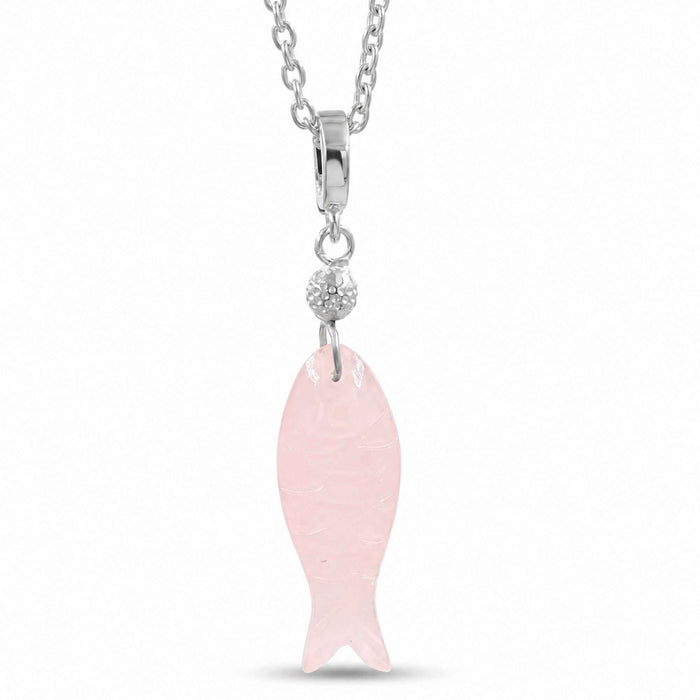 Rose Quartz Fish Charm Pendant Necklace – 1 Micron 18K Gold & Silver Plated