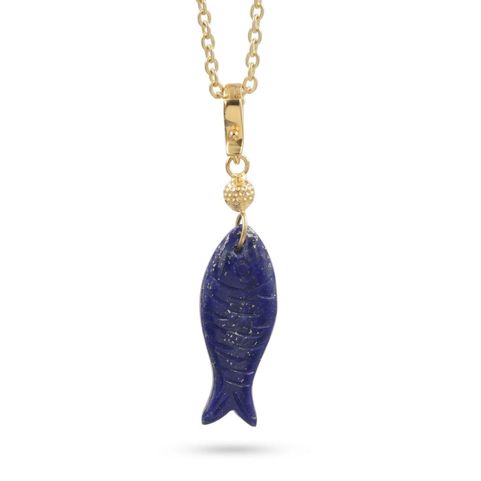 A gold chain necklace featuring a carved lapis lazuli fish pendant with gold flecks and a small gold beaded spacer, shown against a plain white background.