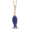 A gold chain necklace featuring a polished blue lapis lazuli fish pendant with embedded gold flecks, suspended from a textured gold bead on a clean white background.
