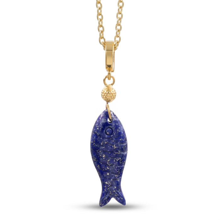 A gold chain necklace featuring a polished blue lapis lazuli fish pendant with embedded gold flecks, suspended from a textured gold bead on a clean white background.