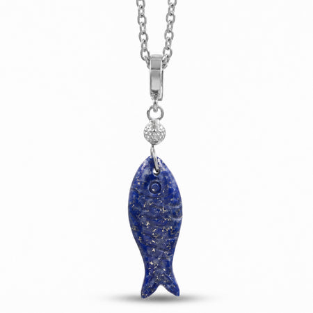 A silver fish pendant necklace featuring a textured, deep blue lapis lazuli-style fish body with embedded gold flakes, suspended from a silver chain with a small clear stone accent.