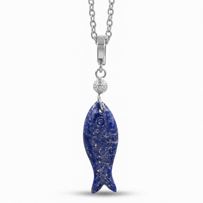 A silver fish pendant necklace featuring a textured, deep blue lapis lazuli-style fish body with embedded gold flakes, suspended from a silver chain with a small clear stone accent.