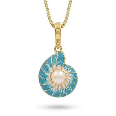 A gold pendant necklace featuring a nautilus shell design with a central white pearl, and a gold box chain on a white background.