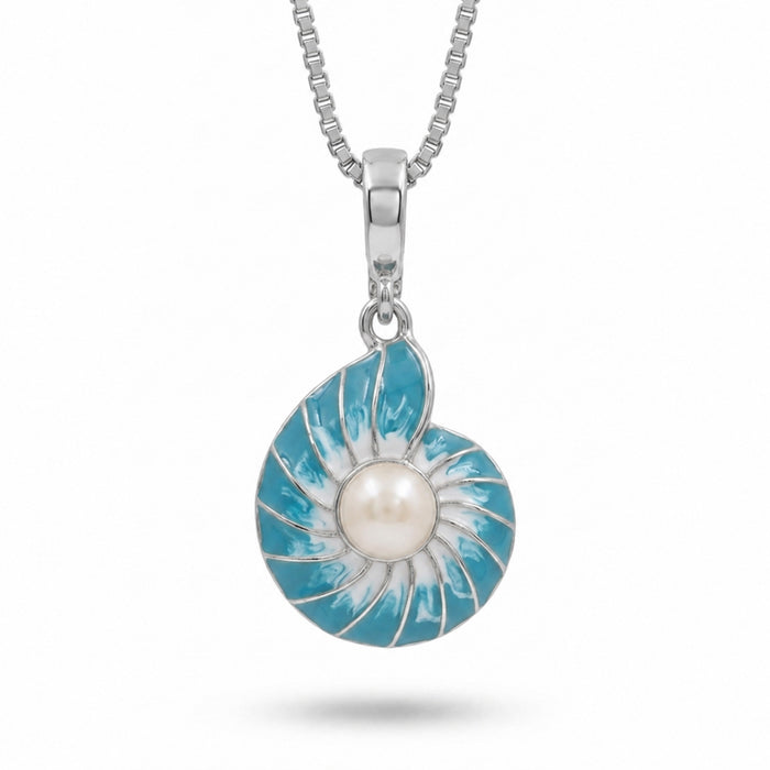A silver necklace featuring a nautilus shell pendant with a central white pearl, shown on a clean white background.