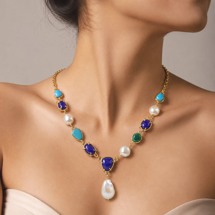 Natural Pearl With Multi Gemstone Handmade Necklaces For Women