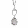 A silver pendant necklace featuring a textured teardrop-shaped silver frame enclosing a smooth, iridescent freshwater pearl, suspended from a silver chain on a white background.