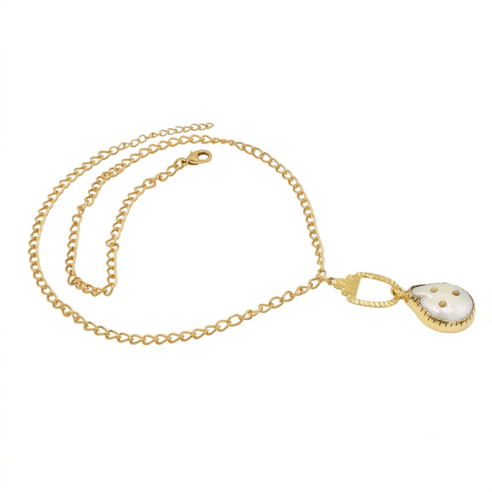 A gold chain necklace featuring a teardrop-shaped pendant with a white Freshwater pearl center and small gold dots, displayed on a clean white background.