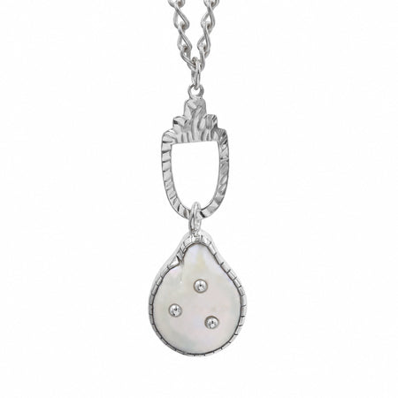 A silver pendant necklace featuring a teardrop-shaped white Freshwater pearl charm with three small silver star accents, suspended from a textured silver bail on a matching chain, set against a plain white background.