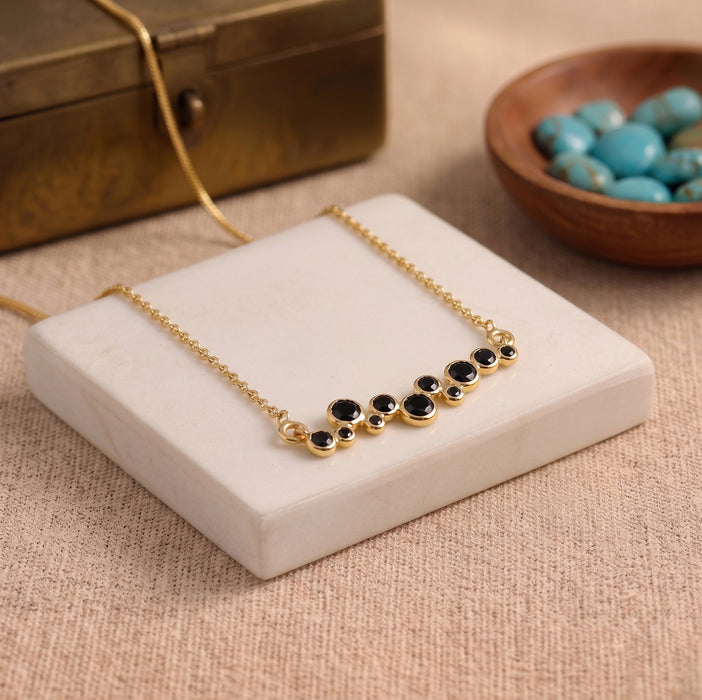 Natural Black Onyx Bubble Station Necklace in 18K Gold Plated and Silver Plated Finish with Graduated Round Gemstones