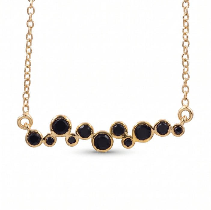 Natural Black Onyx Bubble Station Necklace in 18K Gold Plated and Silver Plated Finish with Graduated Round Gemstones