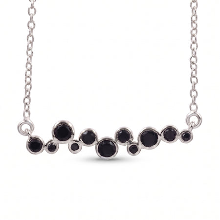Natural Black Onyx Bubble Station Necklace in 18K Gold Plated and Silver Plated Finish with Graduated Round Gemstones