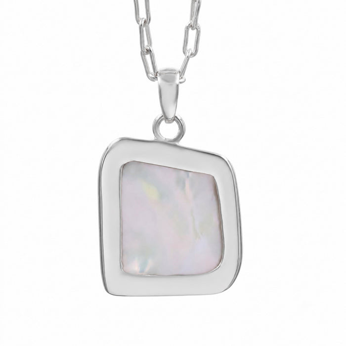 A silver pendant necklace featuring a fancy shape bezel-set iridescent biwa-pearl inlay, suspended from a silver link chain against a plain white background.