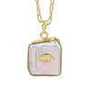 A gold chain necklace with a free size and fancy shape pendant featuring a white iridescent -biwa pearl background and a small gold animal in the center, shown on a plain white background.