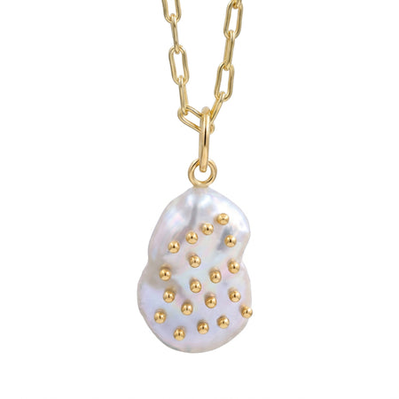 Front view of a gold paperclip chain necklace with a single free-size baroque freshwater pearl pendant featuring metal stud accents