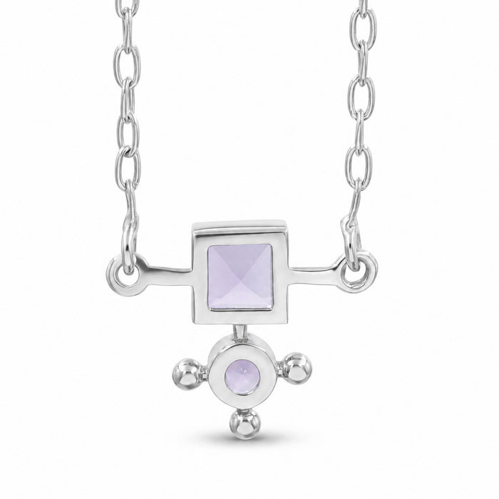Natural amethyst geometric pendant necklace with square and round gemstones in silver plated finish