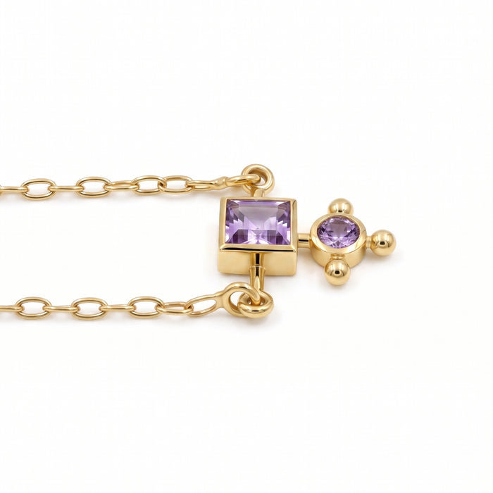 Natural amethyst geometric pendant necklace with square and round gemstones in 18K gold plated finish