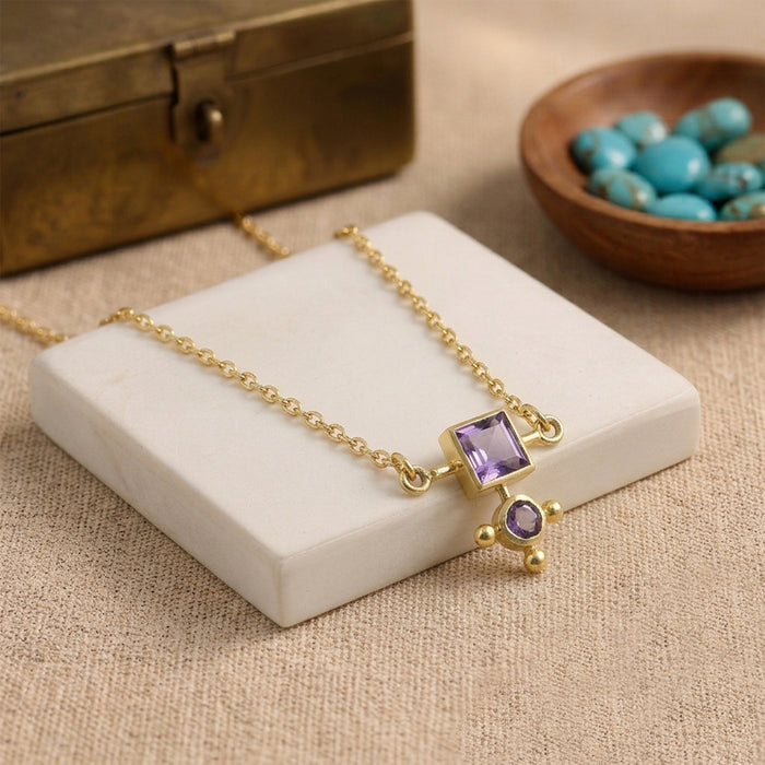 Natural amethyst geometric pendant necklace with square and round gemstones in 18K gold plated finish